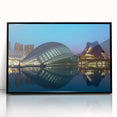Large abstract wall art depicting a vibrant Valencia cityscape in acrylic, framed in black.