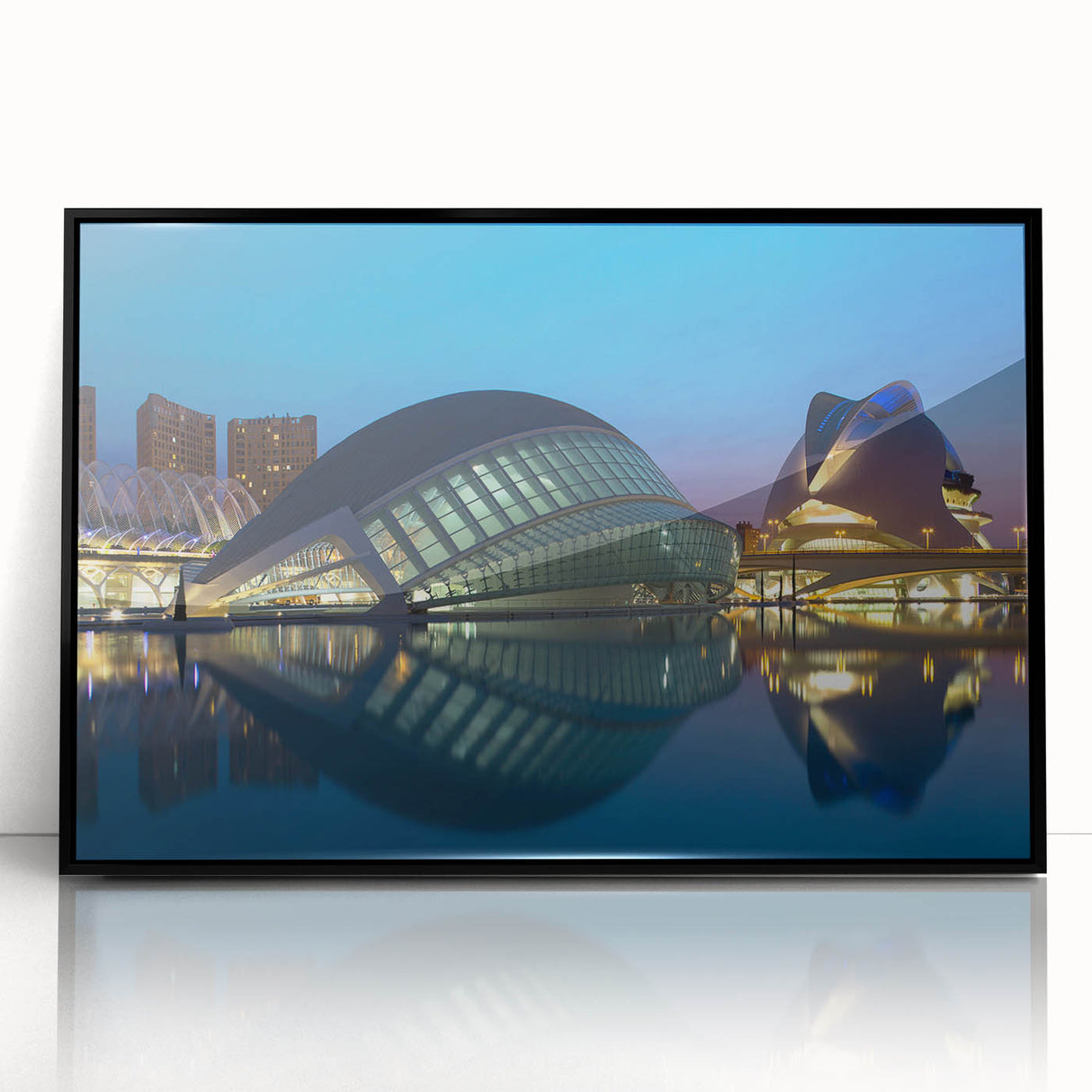 Large abstract wall art depicting a vibrant Valencia cityscape in acrylic, framed in black.