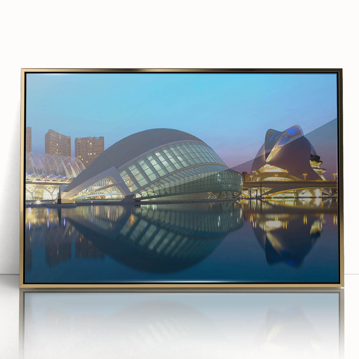 A large art print depicting a mid-century modernist scene of Valencia with muted gold and blue tones on a framed acrylic.