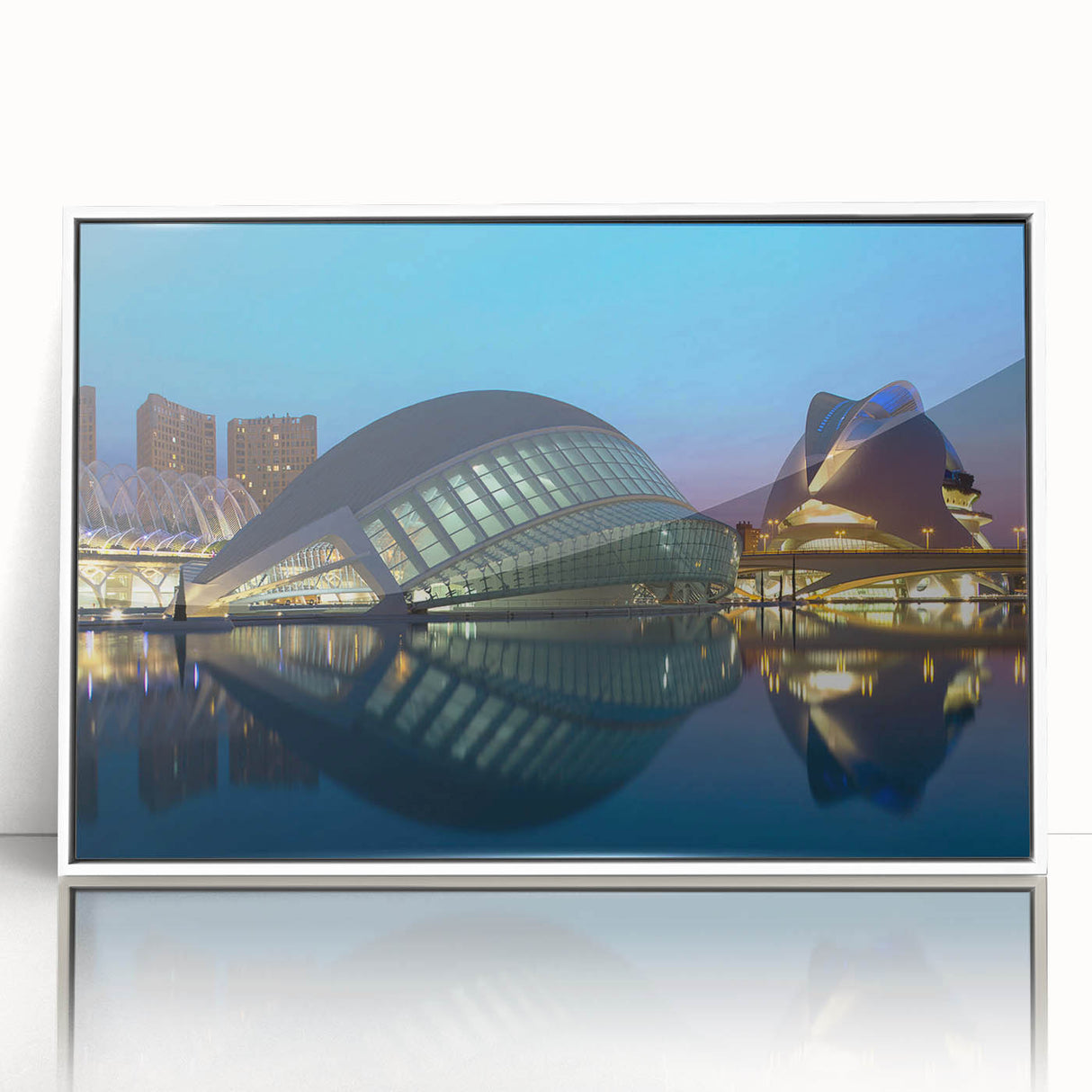 Art deco poster of Valencia cityscape in muted pastel shades on framed acrylic, ideal for modern nursery wall art.