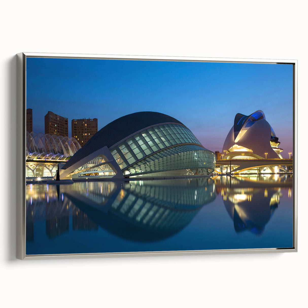 Landscape art painting of Valencia with colorful buildings on black framed canvas, ideal for living room decor.
