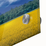 Large abstract wall art depicting a European scenery in muted earth tones on acrylic glass.