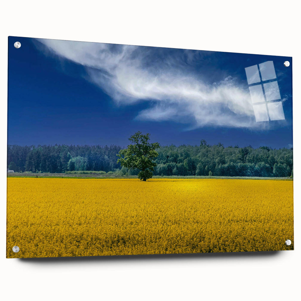 Large abstract wall art depicting vibrant orange and blue hues of a European scenery on acrylic glass.
