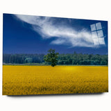 Large abstract wall art featuring bold blue and gold hues on acrylic glass, suitable for bedroom or dining room decor.