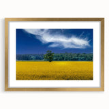 Extra large abstract art print of a textured European landscape in muted earth tones, framed in gold.