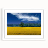 Abstract art print of a European scenery in muted earth tones, framed with a white mat, suitable for dining room decor.