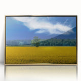 Framed acrylic print of a European landscape in gold and green tones, ideal for modern art wall decor.