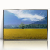 Mid-century modernist art depicting a serene Ukrainian landscape in muted earth tones on a framed acrylic print.