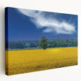 Large canvas print of a European countryside scene in soft greens and blues, suitable for kitchen wall art.