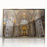 Large acrylic print of a European Vatican scenery in gold frame, featuring mid-century modernist style.