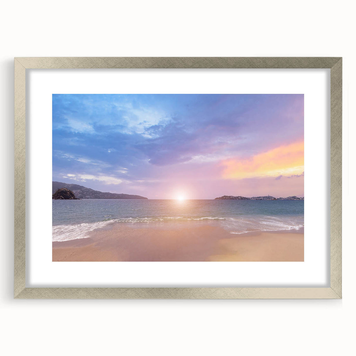 Textured abstract art print of Acapulco scenery in muted earth tones, framed in silver, ideal for bedroom art.