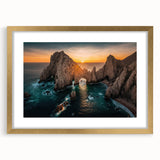 Extra large abstract art print of Baja California scenery in muted earth tones, framed in gold, ideal for living room decor.