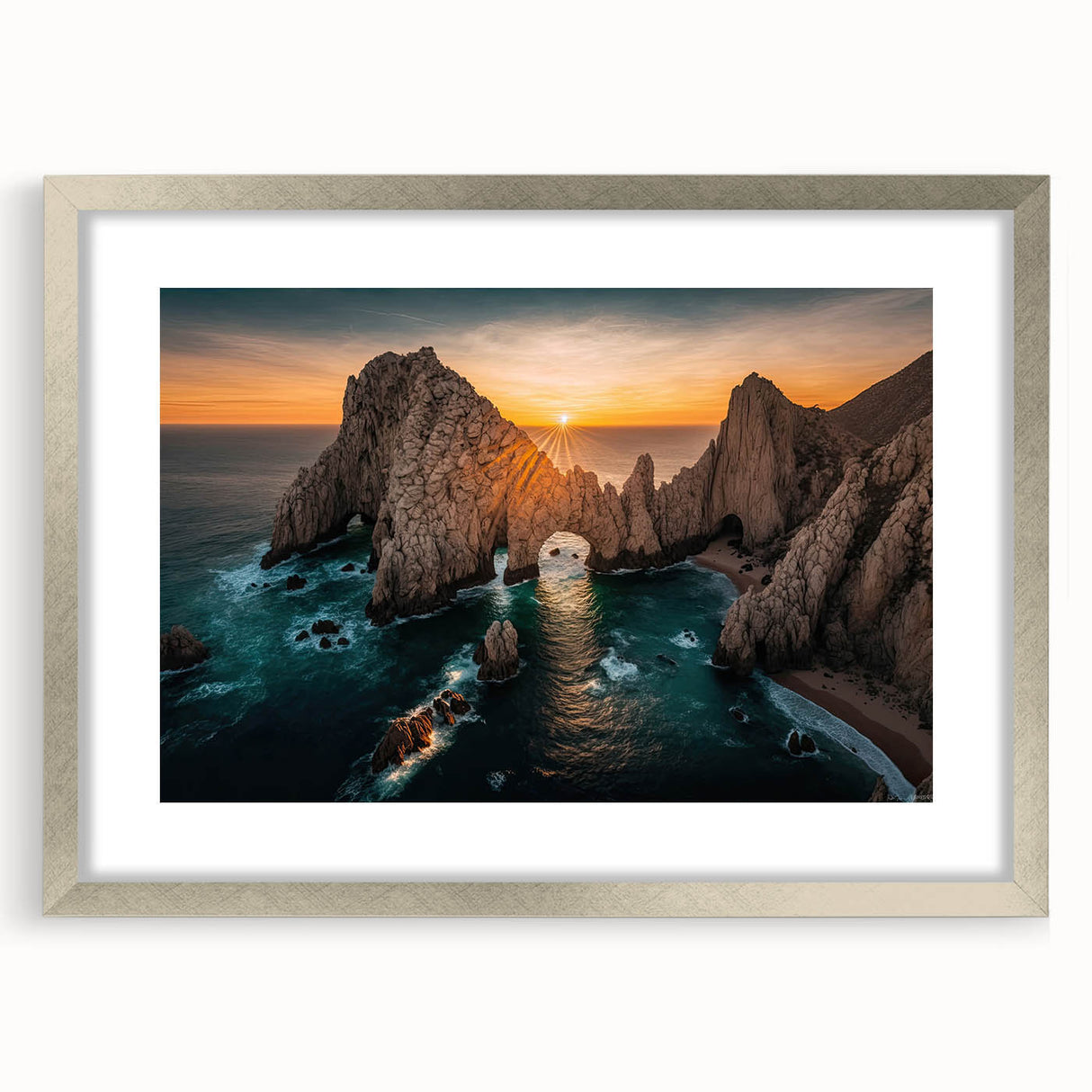 Textured abstract art print of Baja California scenery in muted earth tones on a framed canvas, suitable for bedroom decor.