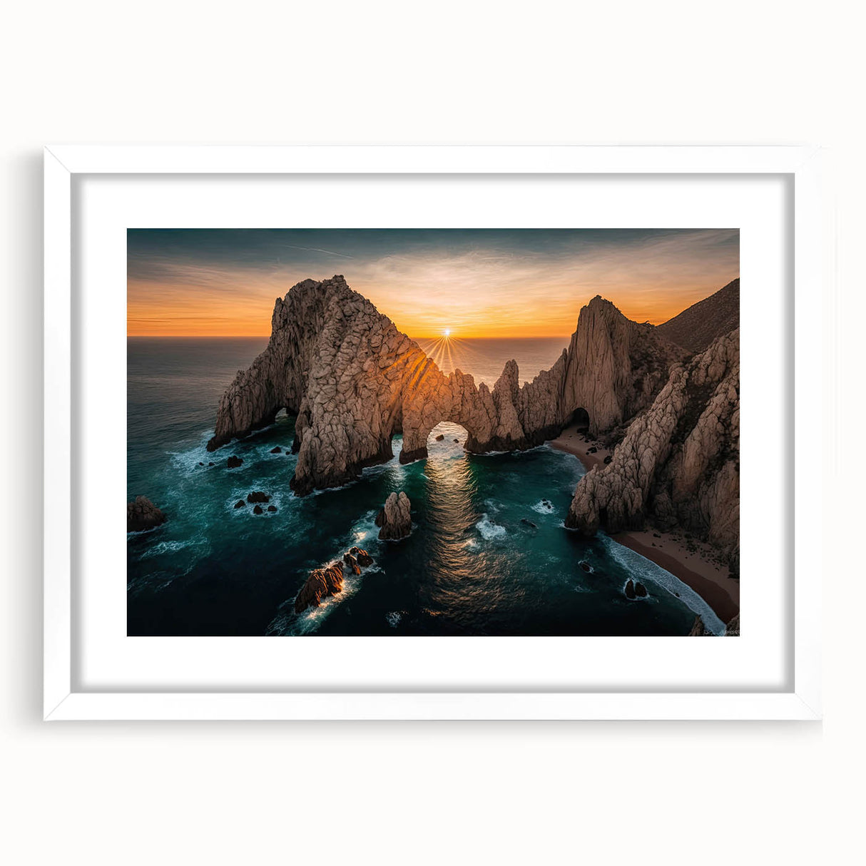 Abstract art print of Baja California scenery in muted earth tones, framed with a white mat.