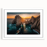 Abstract art print of Baja California scenery in muted earth tones, framed with a white mat.
