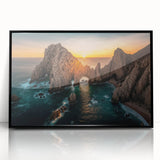 Large abstract wall art depicting Baja California scenery in a mid-century modernist style, framed in black acrylic.