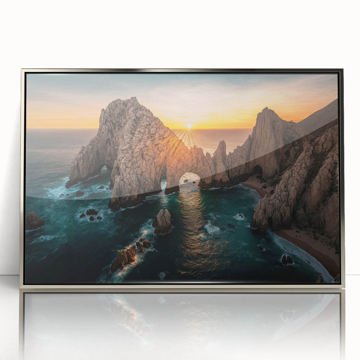Mid-century modernist art depicting Baja California scenery in muted earth tones on a framed acrylic print.