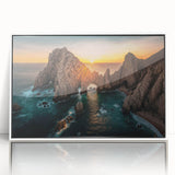 Acrylic framed poster of Baja California scenery in art deco style, with pastel blue and white tones.