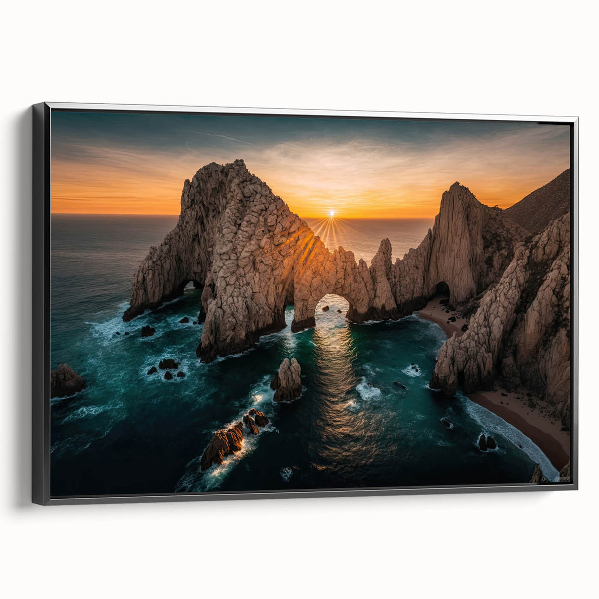 Black and white framed canvas of Baja California landscape, ideal for bedroom wall art.