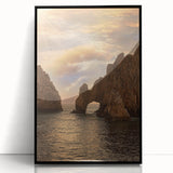 Framed acrylic print of a large abstract depiction of Cabo San Lucas with vibrant blue and orange tones.