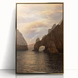 Framed acrylic print of Cabo San Lucas scenery in mid-century modernist style with golden hues.