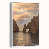Vintage poster art of Cabo San Lucas scenery on a framed canvas, featuring vibrant colors, ideal for living room decor.