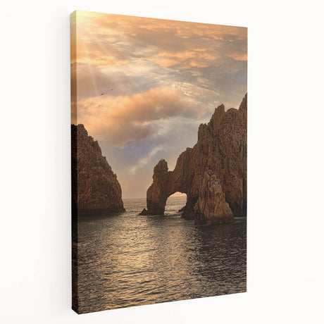 Large art depicting the scenic Cabo San Lucas on stretched canvas, with vibrant blue and sandy hues.