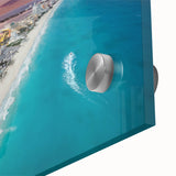 Large abstract wall art depicting Cancun scenery in muted blue and green tones on acrylic glass, ideal for dining room art.