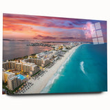 Large abstract wall art featuring a Cancun scenery in muted blue and green tones on acrylic glass.