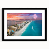 Extra large framed print of abstract Cancun scenery in vibrant colors, perfect for living room decor.