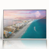 Art deco poster of Cancun scenery with vibrant blue and green tones on a framed acrylic.