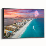 Black and white framed canvas of Cancun landscape, in vintage poster style, ideal for bedroom decor.