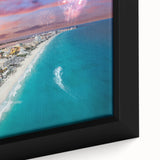 Extra large framed canvas featuring a textured depiction of Cancun scenery in vibrant colors, ideal for living room decor.