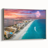 Framed canvas landscape art painting depicting colorful Cancun scenery, ideal for adding a vibrant touch to any room.