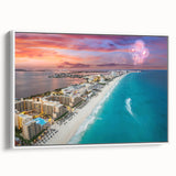 Vintage poster art of Cancun scenery on extra large framed canvas, featuring colorful art with black border.