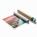 Extra large rolled print of Cancun scenery with vibrant floral elements, ideal for classy bathroom wall art.