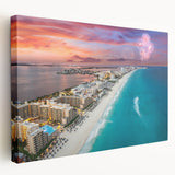 Large art print of Cancun scenery on stretched canvas, featuring vibrant blue and green tones, ideal for kitchen wall art.