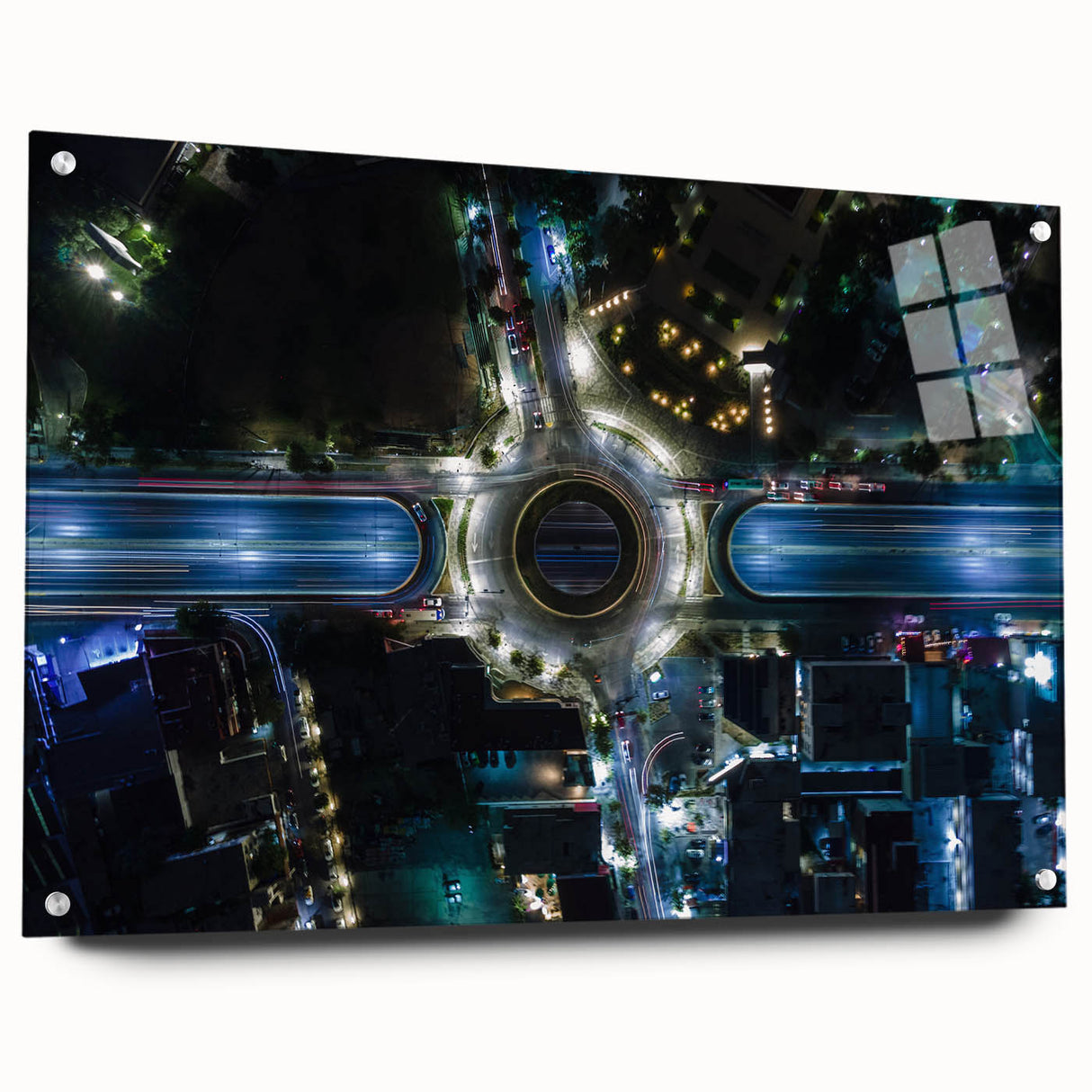 Acrylic print of a large abstract depiction of Mexico City in vibrant colors, ideal for bedroom or dining room decor.