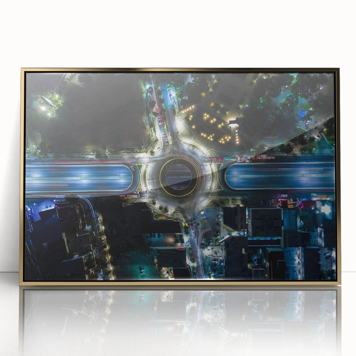 Large art print of Mexico City scenery in mid-century modernist style, framed in gold acrylic.