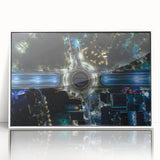 Acrylic print of Mexico City skyline in art deco style with muted gray and blue tones, framed in white.