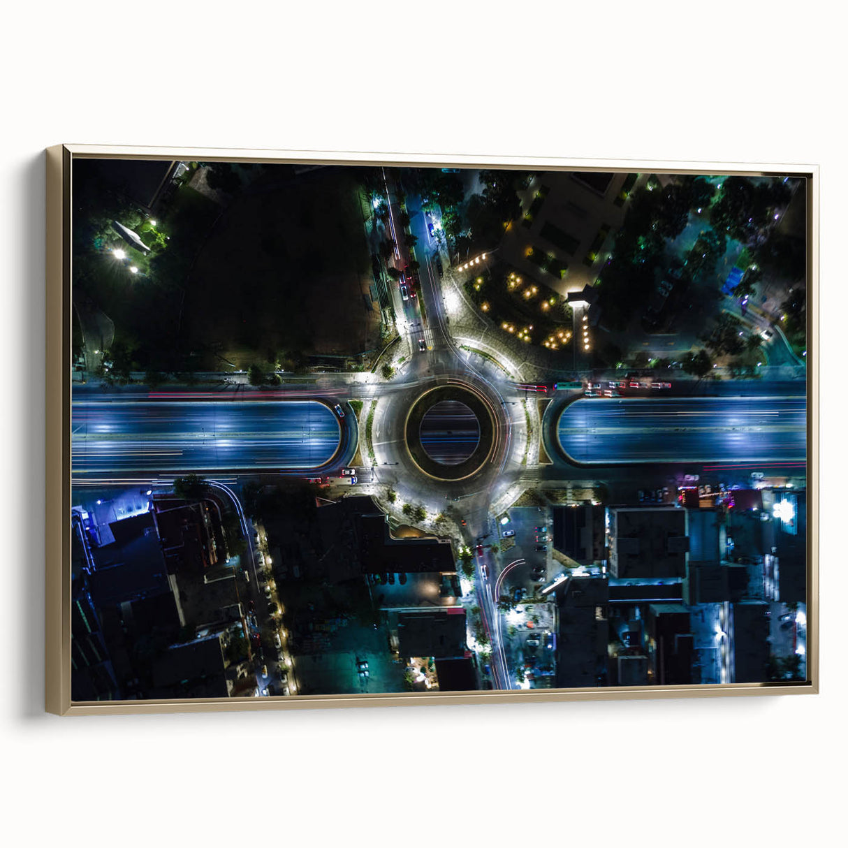 Framed canvas featuring a vintage-style landscape painting of Mexico City in black and gold tones.