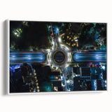 Vintage poster art of Mexico City in vibrant colors on a large framed canvas, suitable for living room decor.