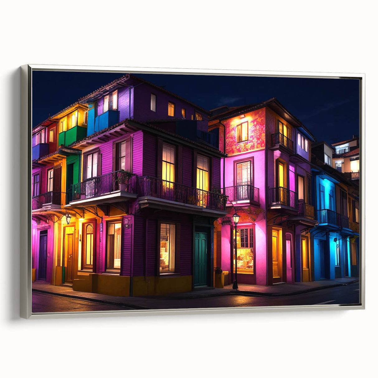 Landscape art painting of Guanajuato, Mexico on framed canvas, featuring vibrant colors with a vintage poster style.