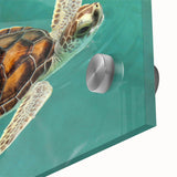 Large abstract wall art of Quintana Roo scenery on acrylic glass, featuring mid-century modernist style and cool blue tones.