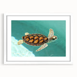 Abstract art print of Quintana Roo scenery in muted blue and green tones on a framed white mat, ideal for dining room decor.