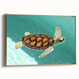 Framed canvas featuring a vintage-style landscape painting of Quintana Roo, Mexico in muted gold and black tones.