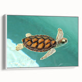 Vintage poster art of Quintana Roo scenery on framed canvas, featuring colorful art with black edges.