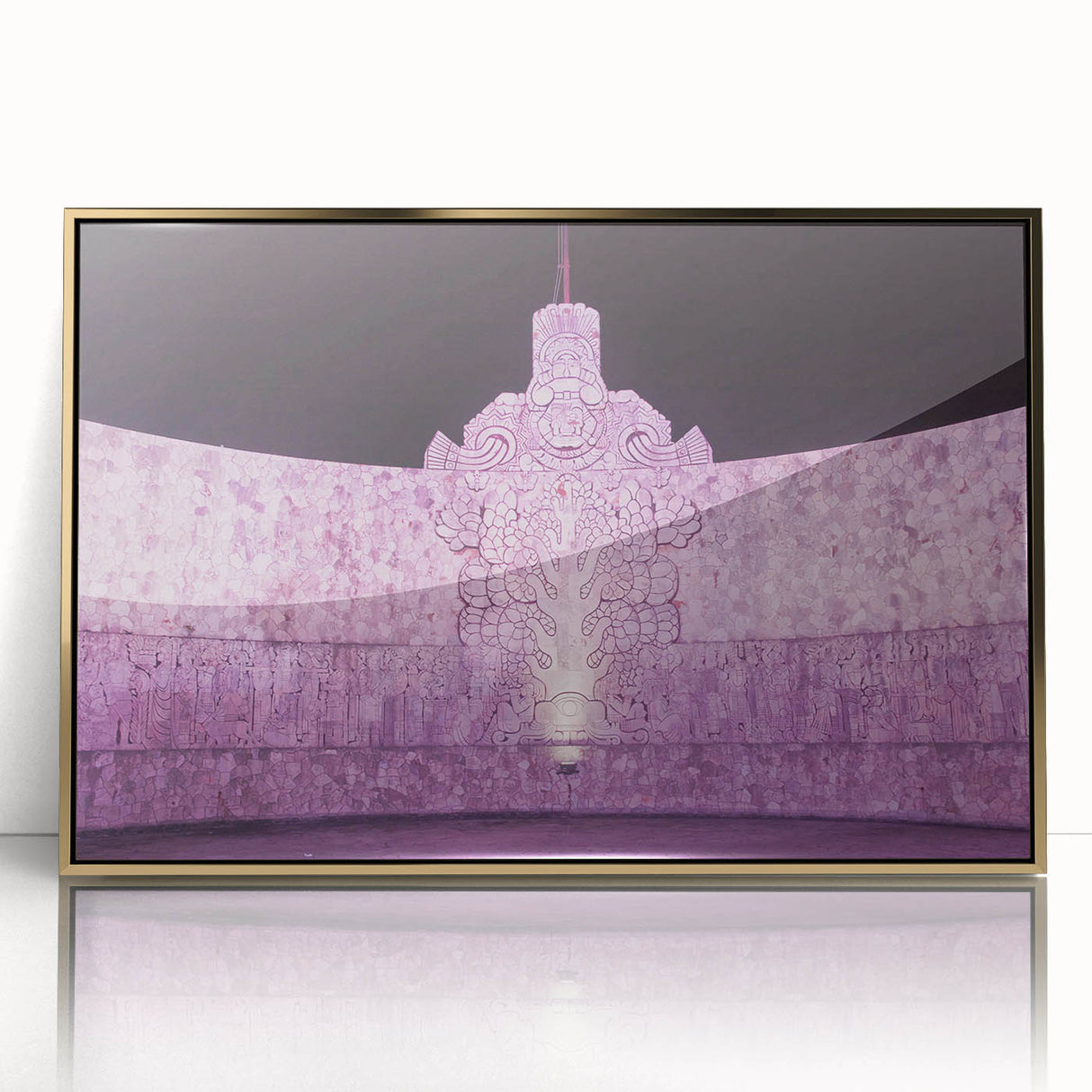 Large abstract wall art depicting a Yucatan scenery in gold and green tones on a framed acrylic, suitable for modern decor.
