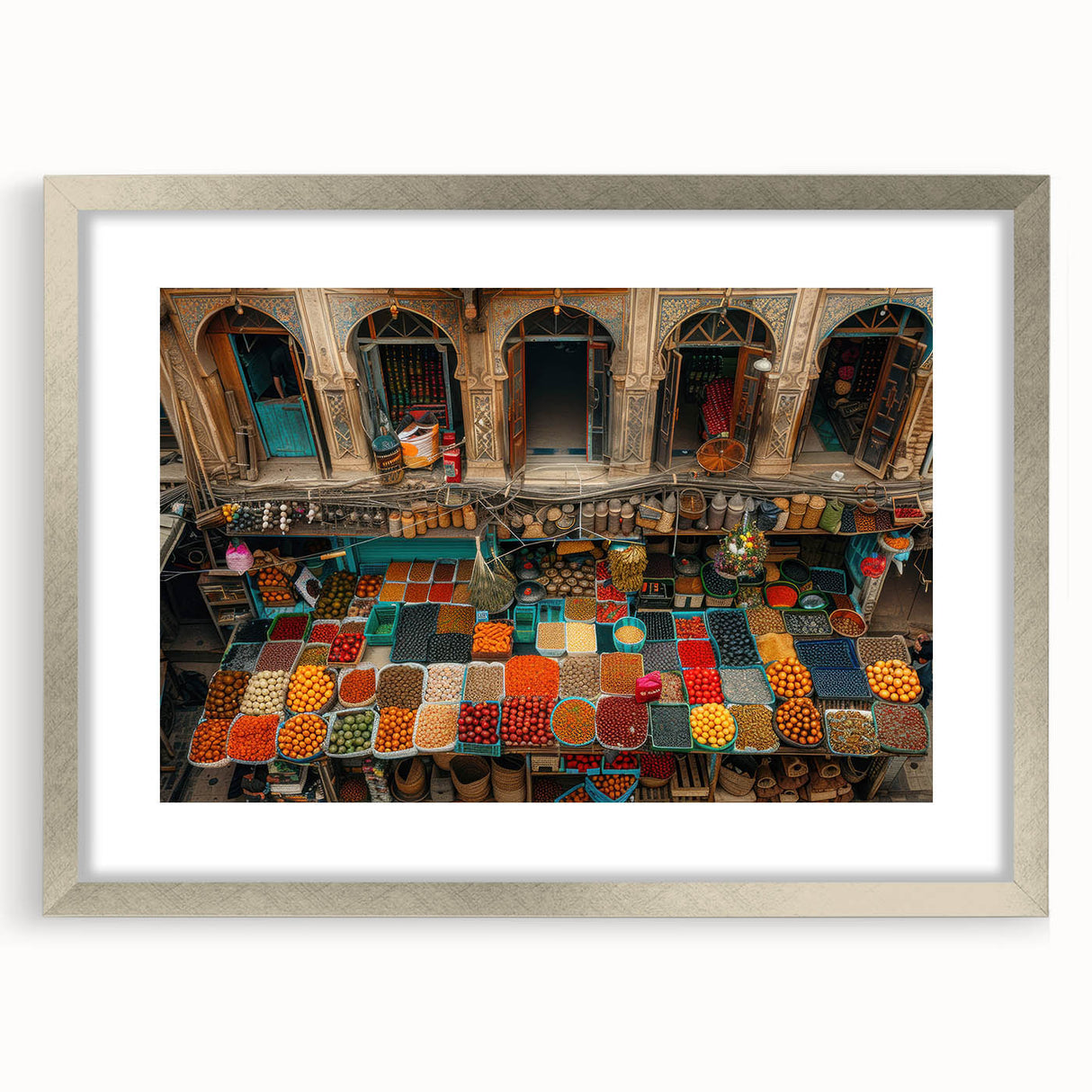 Textured abstract art print depicting a Middle Eastern scenery in muted earth tones, framed in silver, ideal for bedroom art.