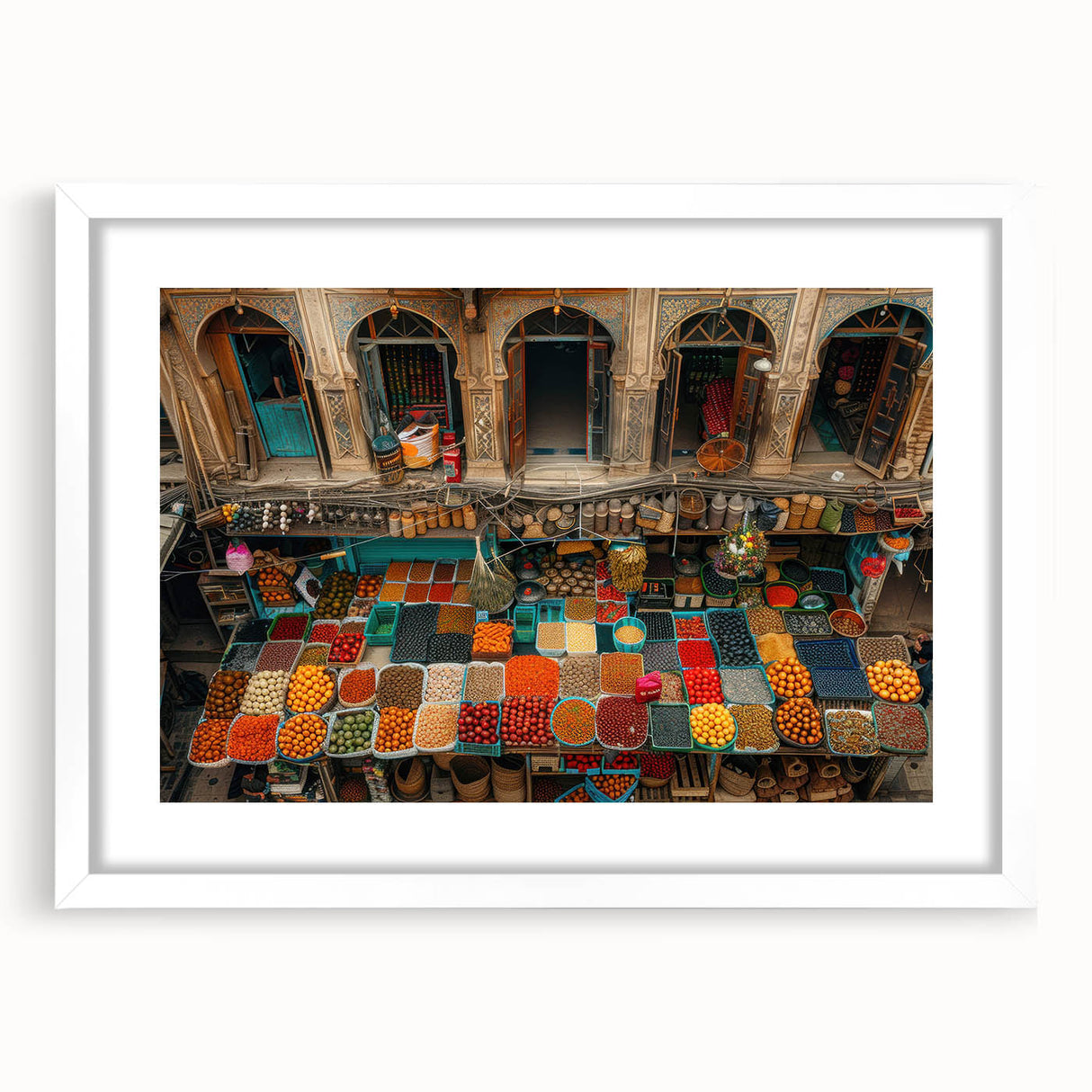 Abstract art print of a Middle Eastern landscape in muted earth tones, framed with a white mat.